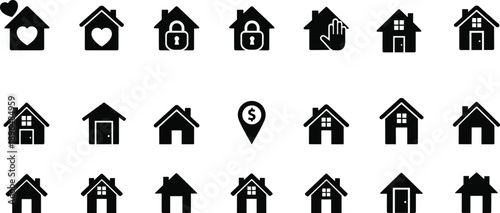 Real estate house icons set with home, security, love, location and property symbols, residential realty silhouettes collection isolated on white background