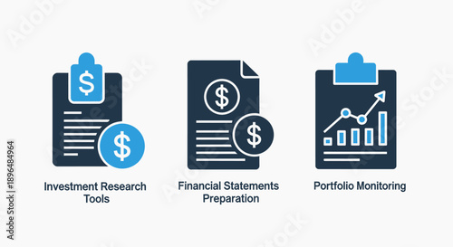 Financial icons for investment research tools with dollar sign, financial statements preparation, and portfolio monitoring with charts and graphs.