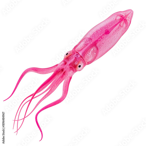 Bright Pink Squid Swimming in Ocean Waters During Daylight Hours Near Coral R...