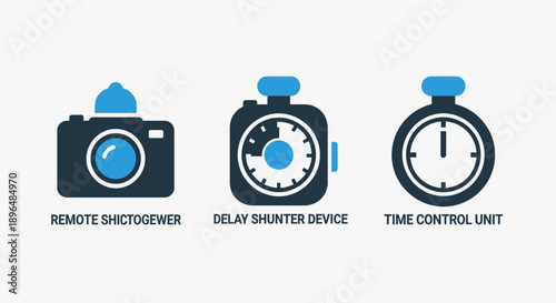 Icons for photography and time management: vintage camera, delay shutter device, and a time control unit with stopwatch, representing timing and capture.