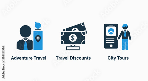 Icons for travel services: adventure, discounts, city tours on phone and money