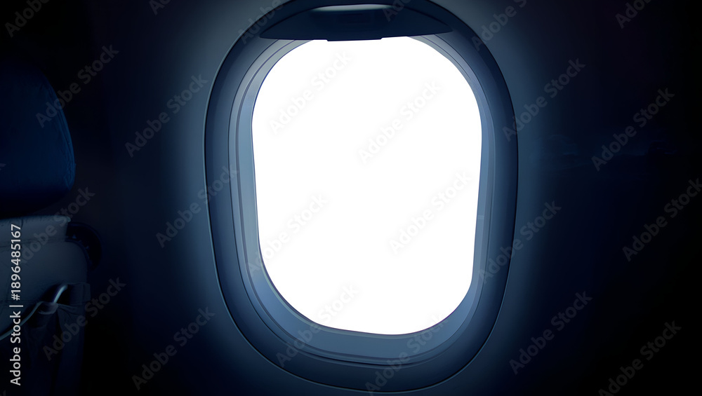 Obraz premium Deep Blue Atmosphere Airplane Window View with Transparent Center, Evening Flight Aviation Mockup, Professional Aircraft Interior Design Element for Travel Industry Marketing