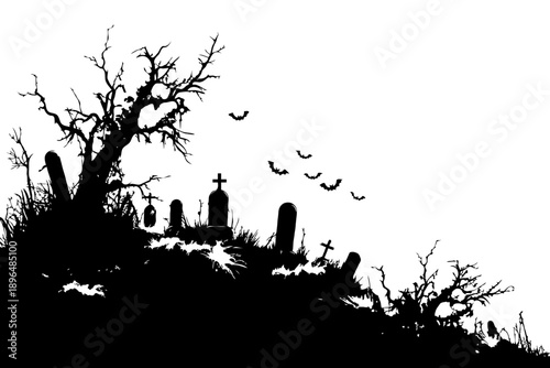Dark graveyard scene with crooked tombstones, bare trees, and flying bats in silhouette style on a white background, evoking spooky atmosphere