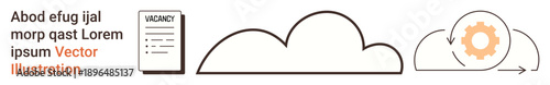 Cloud computing services, job search, automation processes, data storage, online solutions, productivity tools. Vacancy form, cloud outlines gear in a cloud. Cloud computing services and job search