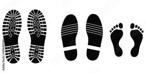Footprint and boot print silhouettes on a white background shoe print sole