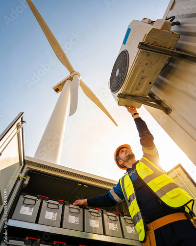 Engineer maintaining energy storage system near wind turbine, renewable energy and sustainable power infrastructure