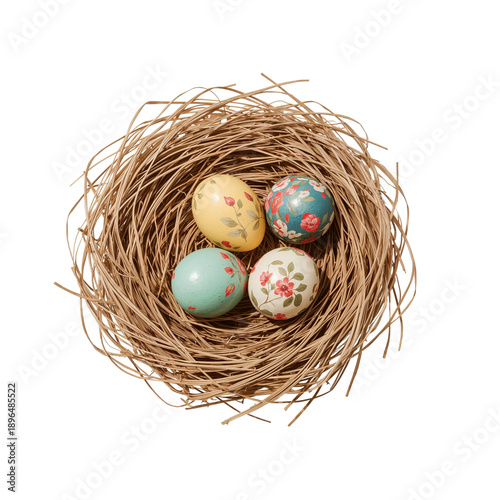 Colorful Eggs in a Nest Made of Twigs on a White Background During Springtime...