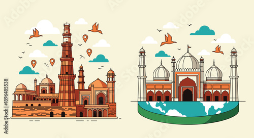 Vector illustration of famous Indian historical landmarks Qutub Minar and Jama Masjid featuring traditional Mughal architecture and tourism travel concept.