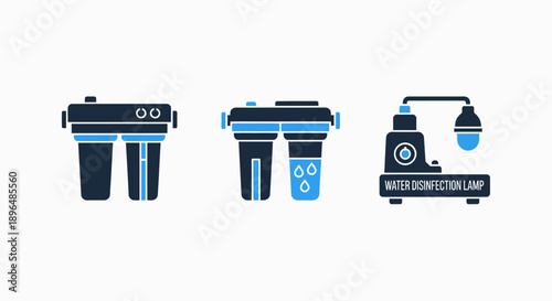 Water filtration and disinfection icons: Cartridge filter, filter with water drops, and UV disinfection lamp, representing clean water systems