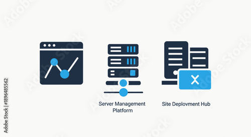 Modern flat design icons set for server management, data analysis, and site deployment hub, representing digital infrastructure and online services.