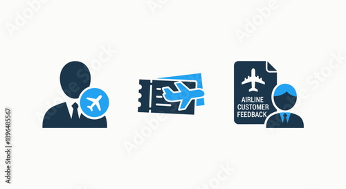 Flat icons for airline travel: user with airplane icon, flight tickets, and customer feedback form, symbolizing travel booking and passenger experience.
