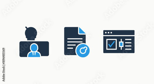 Flat design icons for user profile management, document handling with attachment, and web interface analytics, representing personal data and system interaction.