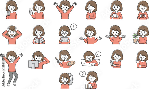 Collection of vector illustrations showing a young woman in different poses expressing various emotions and doing daily lifestyle activities.