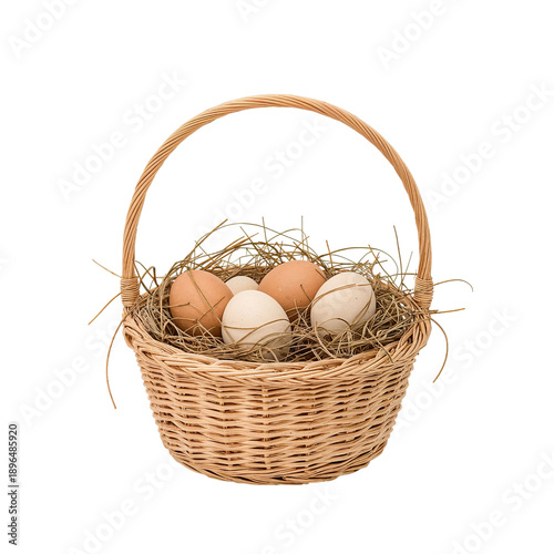 Fresh Eggs in a Basket With Grass on a Simple White Background for Kitchen Decor