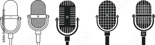 Vintage microphone icons set in outline and solid styles, retro audio recording and broadcasting equipment symbols collection isolated on white background