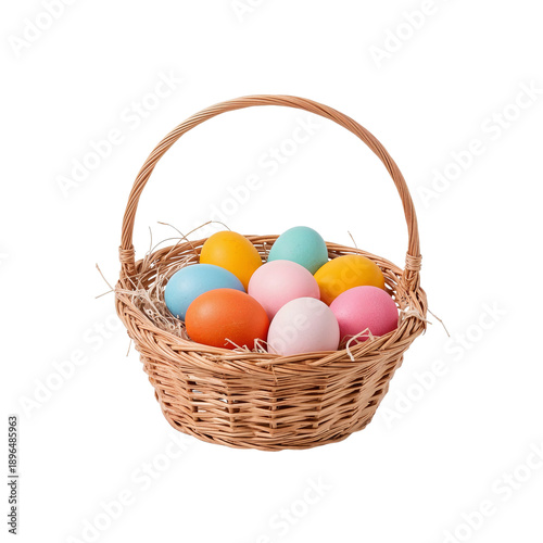 Colorful Eggs in a Wicker Basket for Holiday Celebrations or Events in Spring...