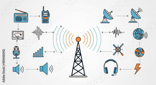 Telecommunications network diagram with various devices and signals