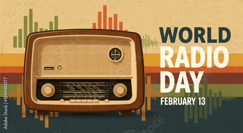 Vintage radio on a colorful background for world radio day on february old fashion design symbol