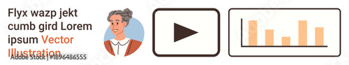 User interface, analytics, multimedia content, visual communication, data insights, app development. Icon of a woman, play button bar chart graphics. User interface and analytics concepts