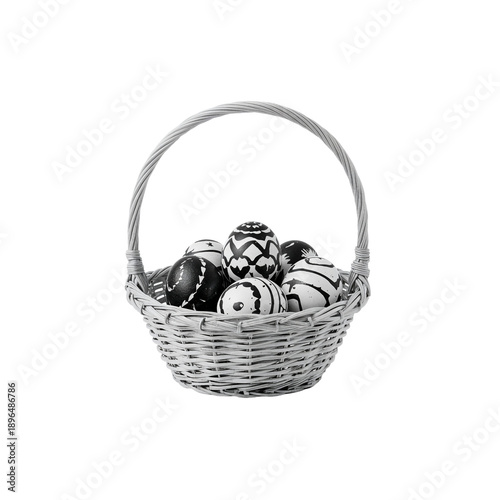 Basket With Black and White Decorated Eggs on Display in a Simple Setting