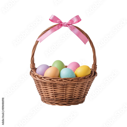 Colorful Eggs Placed in a Wicker Basket Ready for an Easter Hunt in a Sunny B...
