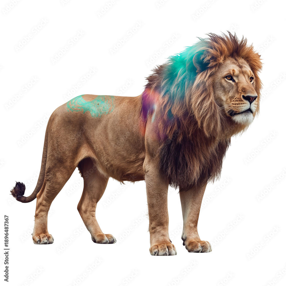 Naklejka premium Lion Stands Proudly Showing Strong Muscles and Thick Mane During Bright Daylight