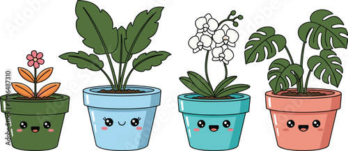 Set of cute kawaii potted plant characters with happy faces featuring white orchid and monstera in colorful pastel pots,
