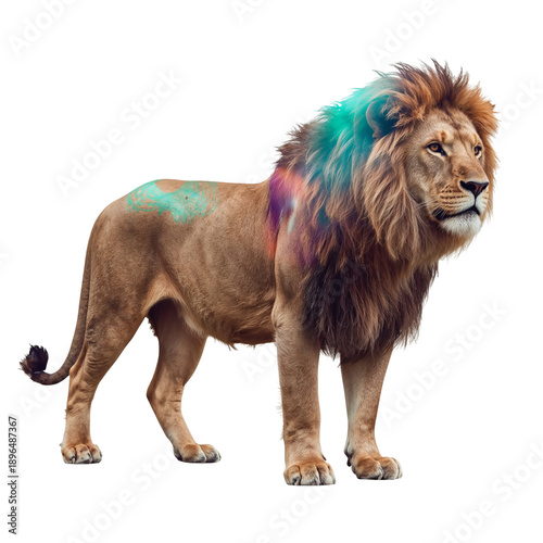 Lion Stands Proudly Showing Strong Muscles and Thick Mane During Bright Daylight
