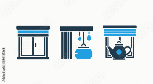 Icons showing a closed window, a kettle under a curtain with drips, and a teapot in a window, suggesting home comfort, tea time, and domestic scenes.