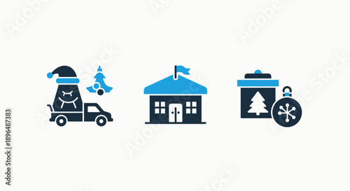Holiday icons featuring a festive delivery truck, school building, and gift with ornament, symbolizing Christmas events and celebrations.