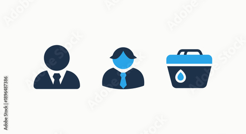 Icons of people and a water container, representing user profiles, team members, and water supply or management.