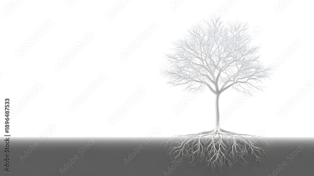Obraz premium Bare Tree's Silent Strength: A minimalist monochrome composition captures the resilience of a bare tree, its intricate roots exposed, set against a stark backdrop that emphasizes its quiet endurance.