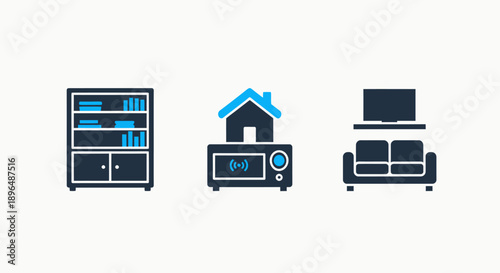 Icons representing home and entertainment: a bookshelf, a smart home device with Wi-Fi, and a sofa with a TV. Interior design and technology.