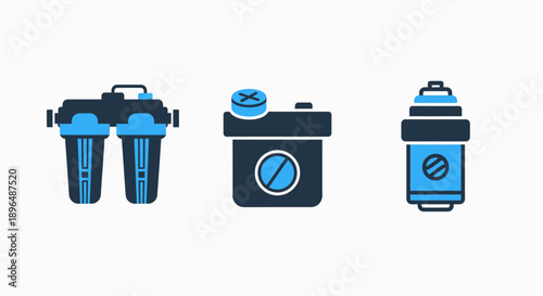 Icons for filtration and energy storage: a water filter system, a battery, and a fuel cell or canister. Power and purification concepts.