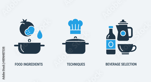 Icons for culinary arts: ingredients like tomato and water droplets, a chef's hat over a pot, and beverage selection including a bottle and pitcher.