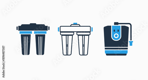 Collection of icons for water filtration systems: dual-filter purifiers and a compact water treatment unit, in a sleek dark navy and blue design.