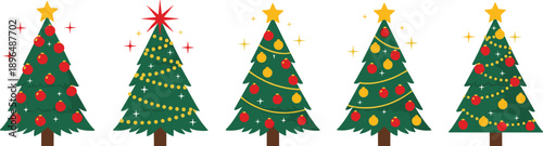 Detailed flat vector illustration of five decorated Christmas trees with red ornaments, yellow stars, sparkling lights, and festive holiday garlands,