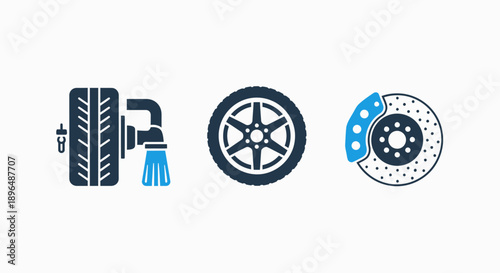 Automotive wheel and brake icons. Tire inflation, car wheel, and disc brake system for auto parts and service industries.