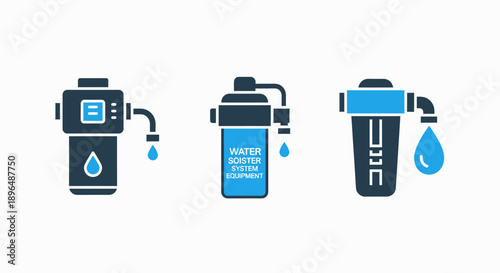 Set of icons representing water filtration and purification systems, showing equipment and water drops.