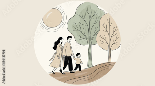 Minimalist vector illustration of a happy family walking outdoors in nature with trees and sun, simple line art lifestyle concept.