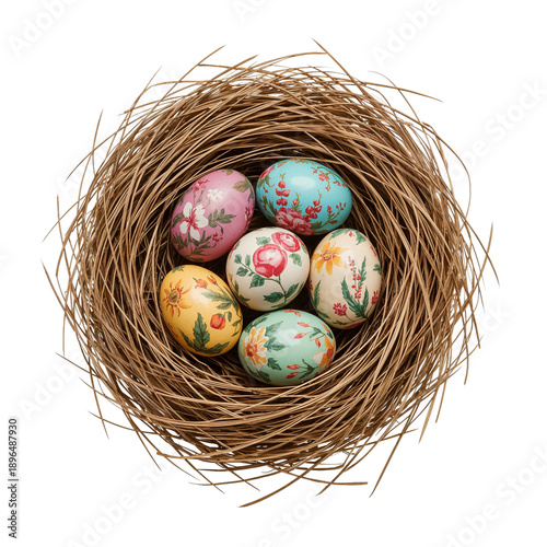 Colorful Eggs in a Nest Made of Twigs on a White Background During Springtime...