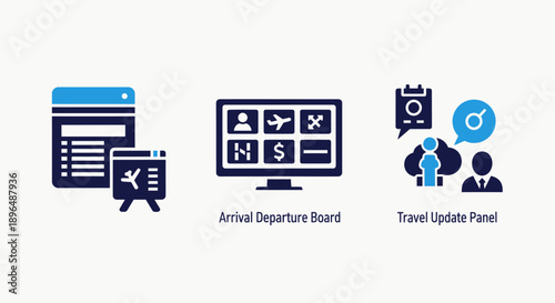 Airport Flight Information and Travel Planning Icons: Arrival Departure Boards, Itineraries, and Real-time Travel Updates