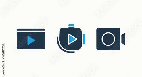 Digital Video Production and Multimedia Playback with Recording and Player Control Flat Design Icons