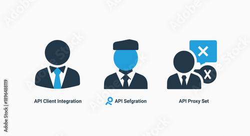 API client integration, development, and proxy setup icons for modern software architecture and web service connectivity.