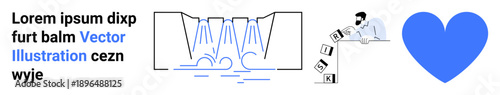 Creativity, teamwork, sustainability, problem-solving, collaboration, love. Diagram with water flows, person arranging blocks heart icon. Creativity and teamwork concepts visually