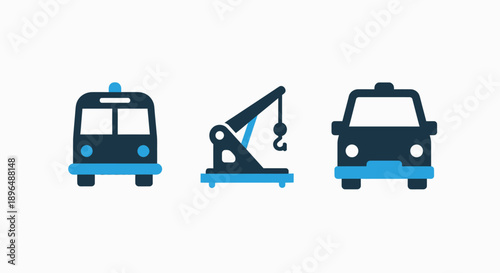 Diverse transportation icons featuring a bus, tow truck, and car, representing various modes of travel and roadside assistance.