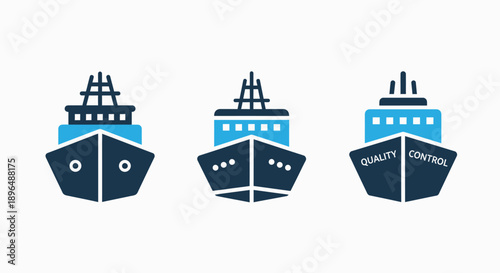 Cargo ships and quality control icons, symbolizing efficient logistics, maritime transport, and supply chain management.