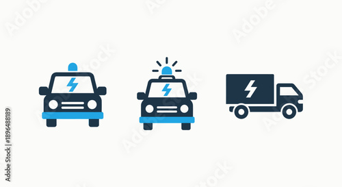 Electric Police Patrol Car and Delivery Truck Vehicle Icons Representing Sustainable Fleet
