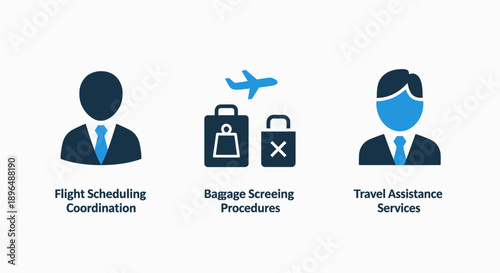 Flight Scheduling, Baggage Screening, and Travel Assistance Services Vector Icons