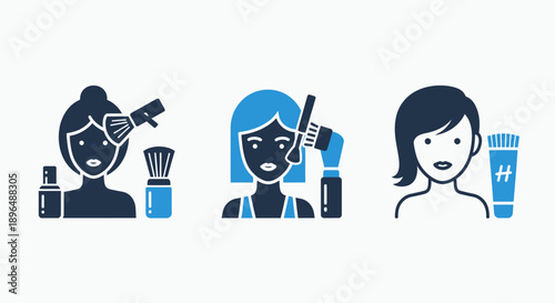 Beauty and Skincare Routine Icons: Women Applying Makeup, Using Beauty Tools, and Personal Care Products in Flat Vector Design